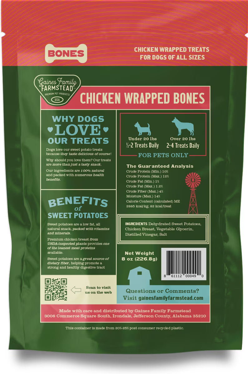 Gaines Family Farmstead Chicken Wrapped Sweet Potato Dog Bones, 8-oz bag