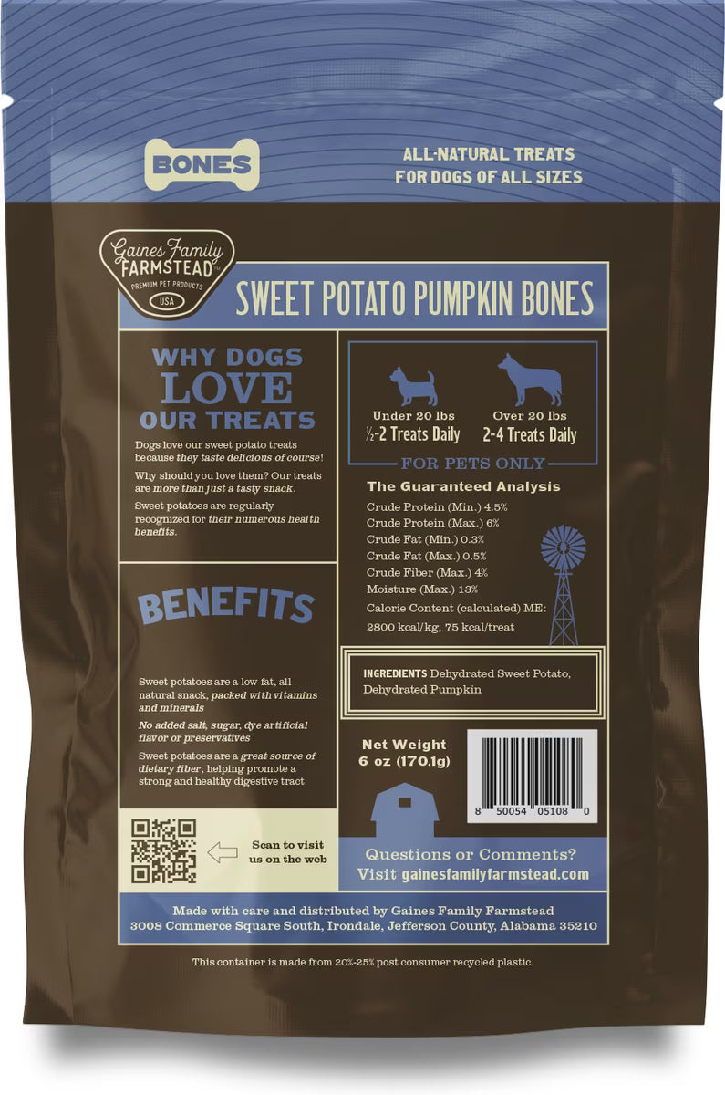 Gaines Family Farmstead Pumpkin & Sweet Potato Bones 2-Ingredient Dog Chews, 6-oz bag